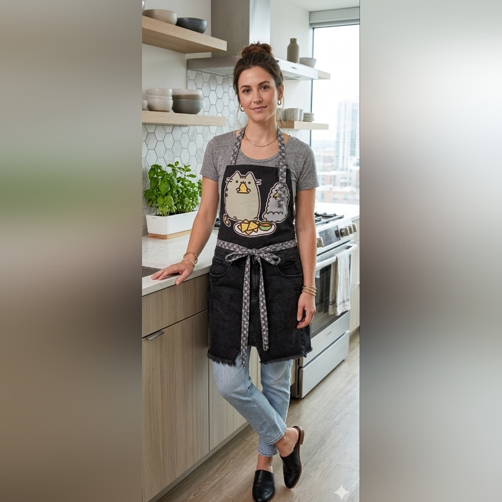 Upcycled  Apron With Pusheen and Stormy Munching On Nachos